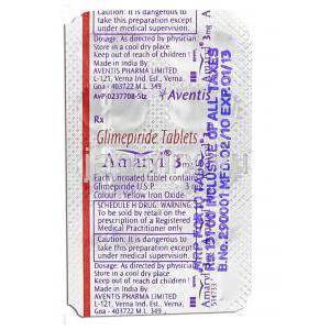 アマリール Amaryl, グリメピリド 3mg 錠 (Aventis) 包装裏面