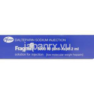 フラグミン Fragmin, ダルテパリンナトリウム 5,000IU 0.2ml 注射 (ファイザー社) 箱側面