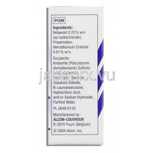 ベトプティック Betoptic, ベタキソロール 0.25% x 5ml 懸濁性点眼液 (Alcon) 成分