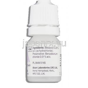 ベトプティック Betoptic, ベタキソロール 0.25% x 5ml 懸濁性点眼液 (Alcon) ボトル裏面