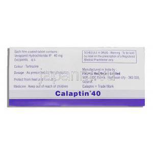 カラプチン Calaptin, ベラパミル 40mg 錠 （Piramal） 箱裏面