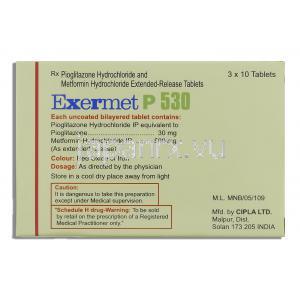 エクサーメット Exermet, ピオグリタゾン・メトホルミン30mg/500mg 箱 (Cipla) 箱裏面