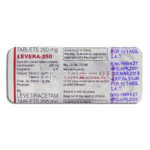 レベラ Levera, イーケプラ ジェネリック, レベチラセタム  250mg 錠 (Intas) 包装裏面
