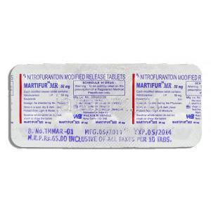 マルチフル Martifur , マクロビッド ジェネリック, ニトロフラントイン 50mg 錠 (Walter Bushmer) 包装裏面