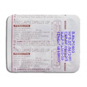ペニシチン Penicitin, メタルカプターゼ ジェネリック,  ペニシラミン 250mg 錠 (Samarth) 包装裏面