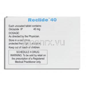 リクライド Reclide, グリミクロン ジェネリック,  グリクラジド 40mg (Dr.Reddy's) 箱裏面