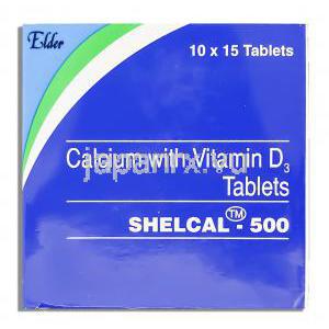 シェルカル Shelcal, カルシウム/ ビタミン D3 250 mg /125 iu （エルダー製薬） 箱