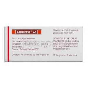 アンジゼム Angizem, ジルチアゼム  MR 60mg （Sun Pharma） 成分