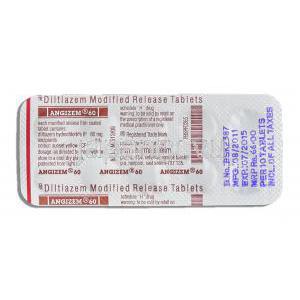 アンジゼム Angizem, ジルチアゼム  MR 60mg （Sun Pharma） 包装裏面