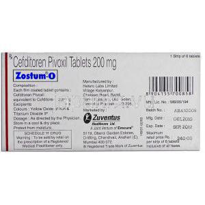 セフジトレンピボキシル（メイアクトＭＳジェネリック）, Zoustm-O,  200MG 錠 (Zuventus) 箱裏面
