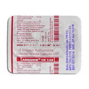 アンジゼム CD Angizem CD, ジルチアゼム XR 12mg （Sun Pharma） 包装裏面