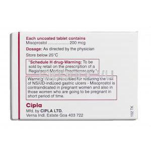 ミソプロスト Misoprost, サイトテック ジェネリック, ミソプロストール 200mcg  錠 （Cipla） 箱裏面