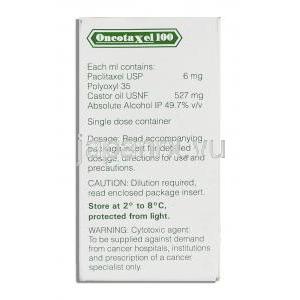 オンコタクセル OncotaXel 100, パクリタキセル 6mg x 17ml, 注射 箱裏面