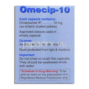 オメシップ Omecip, オメプラゾール , 10mg カプセル (Cipla) 箱裏面