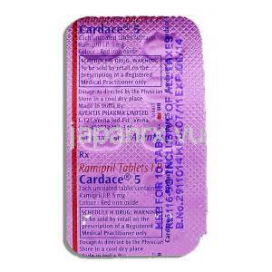 カルデース5 Cardace 5, アルテース  ジェネリック, ラミプリル, 5mg 錠 包装裏面