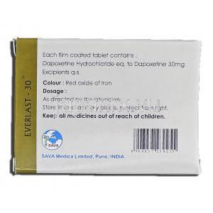 エバーラスト30 Everlast-30, プリリジー ジェネリック, ダポキセチン, 30mg, 錠 箱裏面