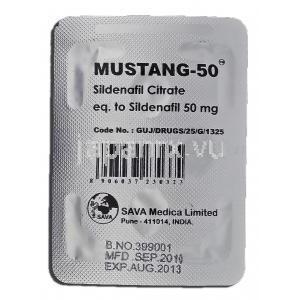 ムスタン-50 Mustang-50, シルデナフィル, 50mg, 錠 包装裏面