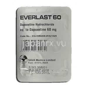 エバーラスト30 Everlast-30, プリリジー ジェネリック, ダポキセチン, 60mg, 錠 包装裏面