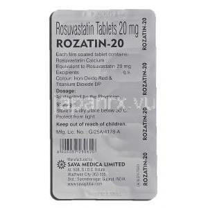 ロザチン Rozatin-20, クレストール ジェネリック, ロスバスタチン, 20mg, 包装裏面