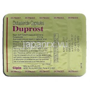 デュプロスト Duprost, アボルブ ジェネリック, デュタステリド 0.5mg, カプセル 包装裏面