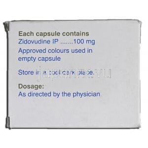 ジドビル Zidovir, レトロビルジェネリック, ジドブジン 100mg カプセル (Cipla) 箱側面
