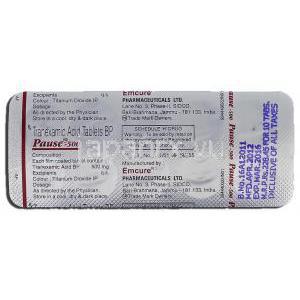 ポーズ500 Pause-500, シクロカプロン  ジェネリック, トラネキサム酸, 500mg, 錠 包装裏面
