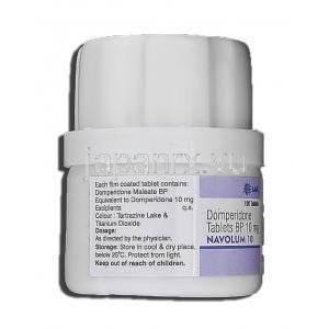 ナボラム10 Navolum 10, ナウゼリン ジェネリック, ドンペリドン, 10mg, 錠 箱側面