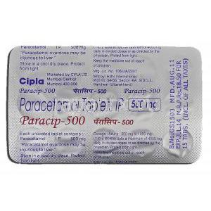 パラシップ500 Paracip-500, ファラセタモール ジェネリック, アセトアミノフェン, 1箱90錠入り,500 mg, 包装裏面