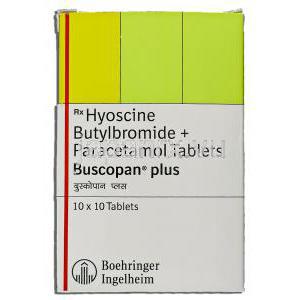 ヒヨスチン / ブチルブロミド / アセトアミノフェン配合, Buscopan Plus, 10MG / 500MG 錠 (Boehringer Ingelheim) 箱
