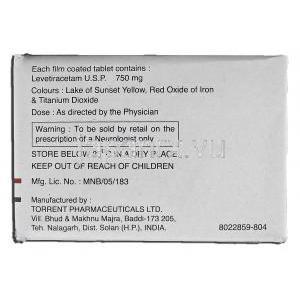トルレバ750 Torleva 750, イーケプラ ジェネリック, レベチラセタム, 750mg, 錠 箱裏面