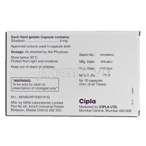 シロファースト8 Silofast 8, ユリーフ ジェネリック, シロドシン, 8mg, カプセル 箱裏面