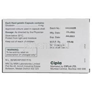 シロファスト8 Silofast 4, ユリーフ ジェネリック, シロドシン, 4mg, カプセル 箱裏面
