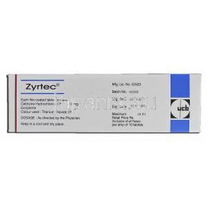 ジルテック Zyrtec, セチリジン, 10mg, 錠 箱裏面