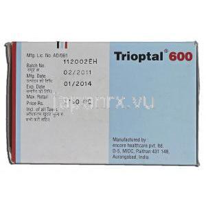 トリオプタル600 Trioptal 600, トリレプタル ジェネリック, オクスカルバゼビン, 600mg, 錠 箱側面