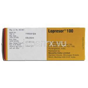 ロプレゾール100 Lopresor 100, ロプレソールジェネリック, メトプロロール, 100mg, 製造者情報