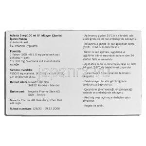 アクラスタ Aclasta, ゾレドロン酸 5mg 100ml 注射, 箱裏面