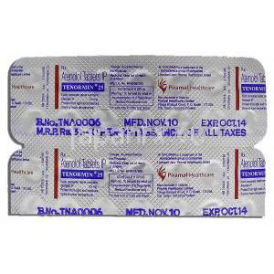 テノーミン, 25mg, アテノロール, 錠, 包装裏面