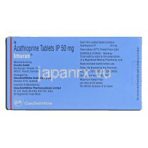 イムラン Imuran, アザチオプリン, 50mg, 錠, 箱裏面
