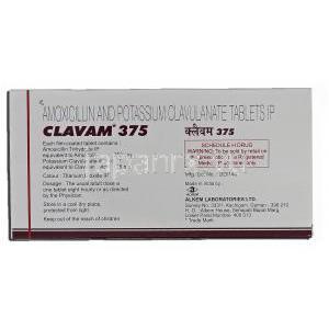 クラバム375 Clavam 375, オーグメンチン ジェネリック, アモキシシリン, 250mg, クラブラン酸, 125mg, 錠 箱裏