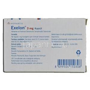 エクセロン Exelon, リバスチグミン水素酒石酸塩 3mg, カプセル 箱裏面
