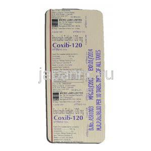 コキシブ-120 Coxib-120, アルコキシア ジェネリック, エトリコキシブ, 120mg, 錠 包装裏面