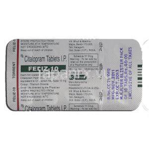 フェリズ-10 Feliz-10, セレクサ ジェネリック, シタロプラム, 10mg, 包装裏面