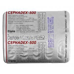 セファデックス-500 Cephadex-500, ケフレックス ジェネリク, セファレキシン, 500mg, カプセル 包装裏