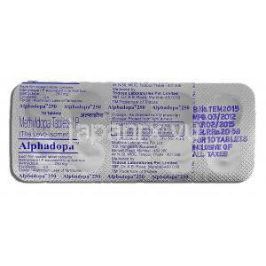 アルファドパ250 Alphadopa 250, アルドメッド ジェネリック, メチルドパ, 250mg, 錠 包装裏面