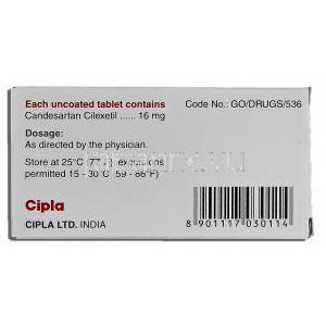 シプサルタン-16 Cipsartan-16, アタカンド ジェネリック, カンデサルタン, 16mg, 錠 箱裏面