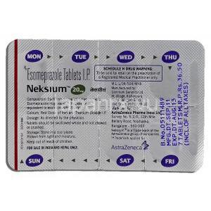 ネクシウム Neksium, ネキシウム ジェネリック, エメプラゾール, 20mg, 包装裏面
