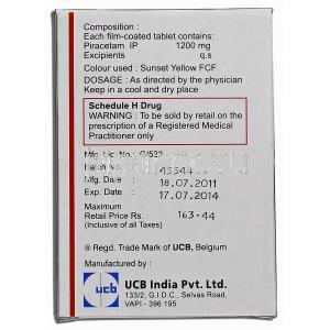 ノートロピル Nootropil, ピラセタム 1200mg, 錠 箱裏面