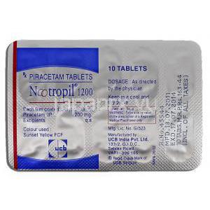 ノートロピル Nootropil, ピラセタム 1200mg, 錠 包装裏面