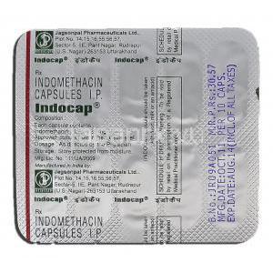 インドカプ Indocap, インテバン ジェネリック, インドメタシン, 25mg, カプセル 包装裏面