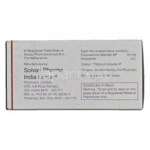 ユーボックス Uvox, Generic Luvox, フルボキサミンマイレン酸塩, 50mg, 箱裏面